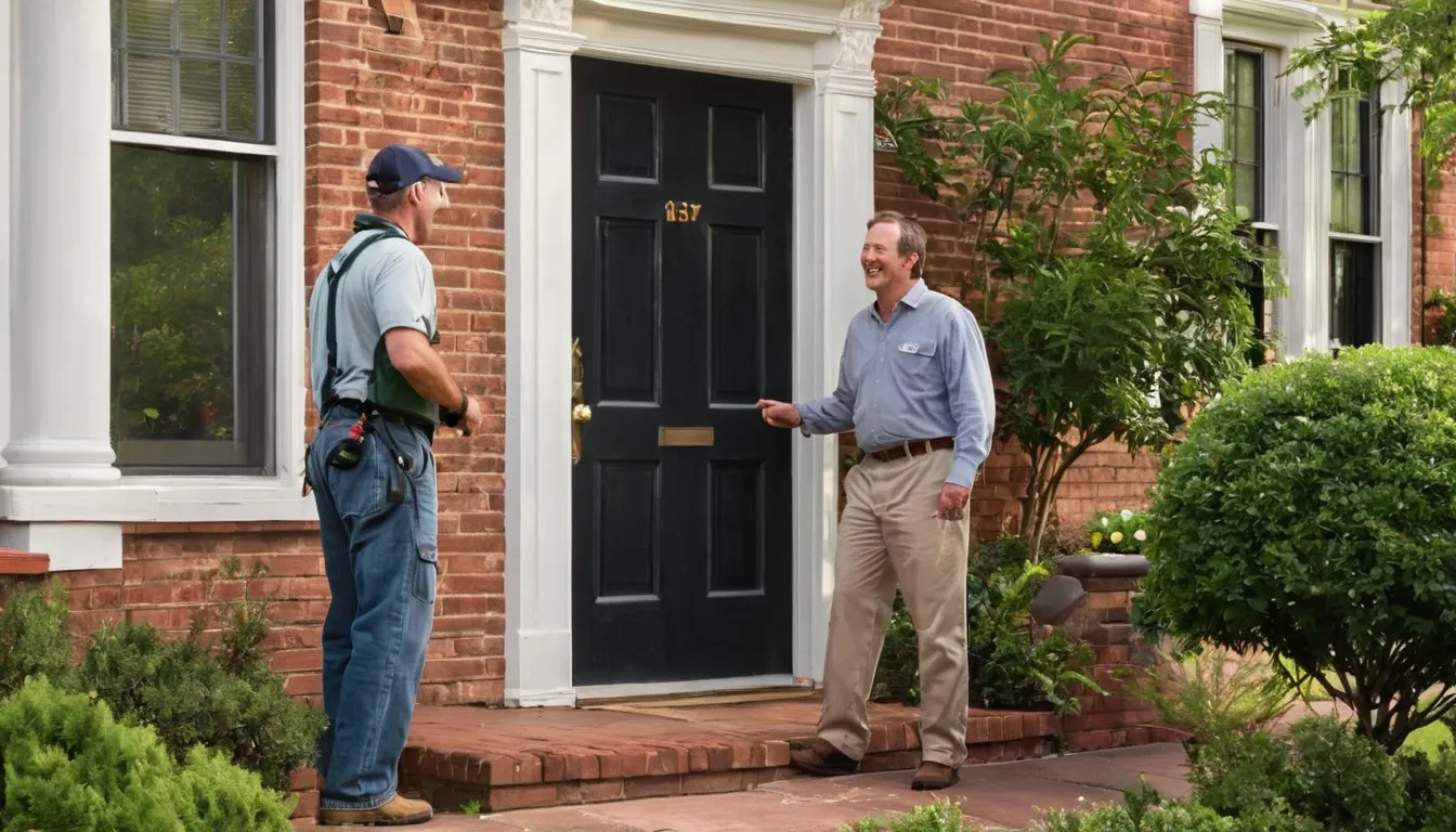 A friendly pest control provider talking with a homeowner at the front door of an older colonial home in Leesburg